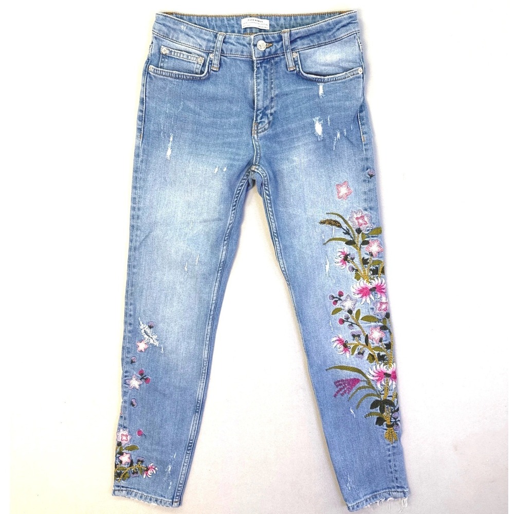 Zara Woman Premium Denim Floral Embroidered Distressed Jeans Light Wash Size 2